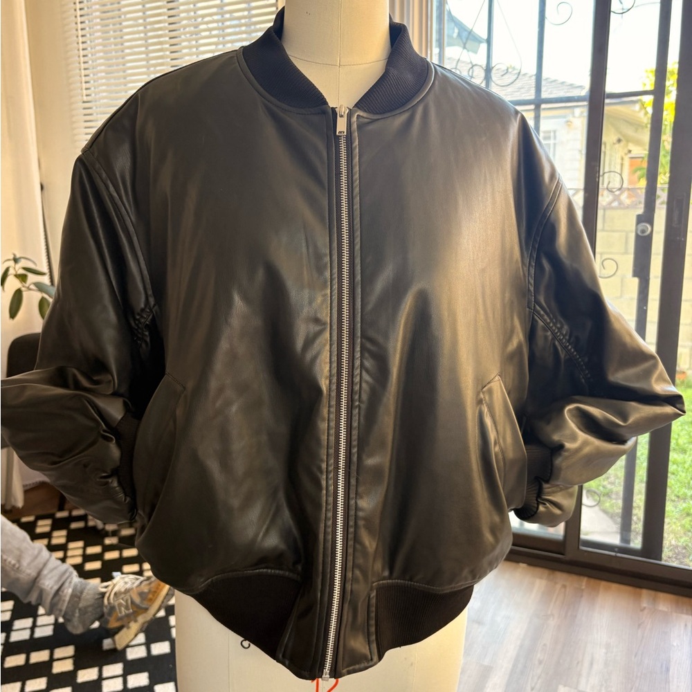 Topshop Black Leather Bomber Jacket